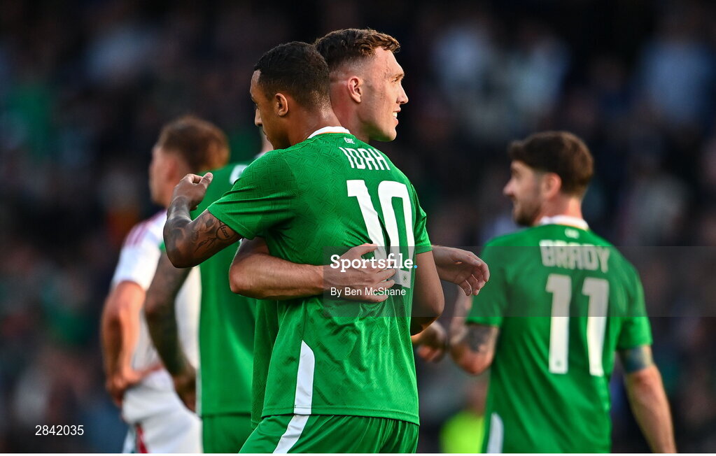 4 June 2024; Adam Idah of Republic of Ireland celebrates with teammates Dara O'Shea, right, after scoring their side's first goal during the international friendly match between Republic of Ireland and Hungary at Aviva Stadium in Dublin. Photo by Ben McShane/Sportsfile