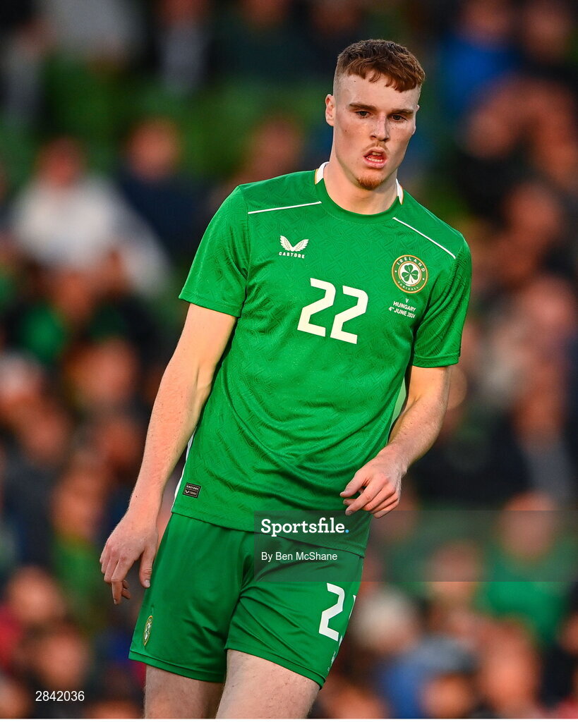 4 June 2024; Jake O'Brien of Republic of Ireland during the international friendly match between Republic of Ireland and Hungary at Aviva Stadium in Dublin. Photo by Ben McShane/Sportsfile