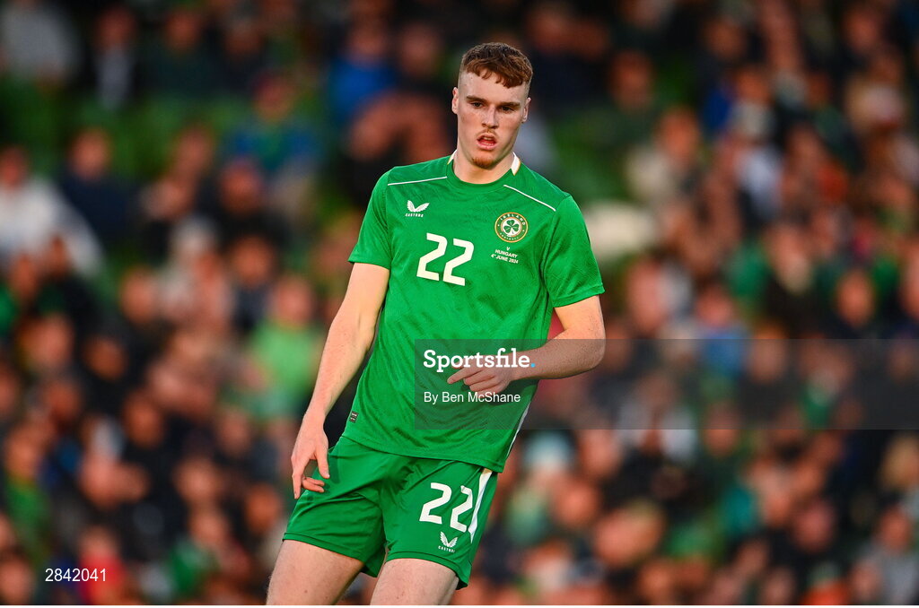 4 June 2024; Jake O'Brien of Republic of Ireland during the international friendly match between Republic of Ireland and Hungary at Aviva Stadium in Dublin. Photo by Ben McShane/Sportsfile