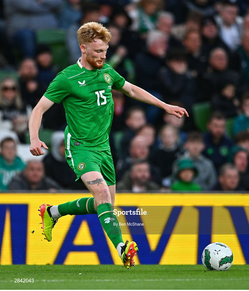 4 June 2024; Liam Scales of Republic of Ireland during the international friendly match between Republic of Ireland and Hungary at Aviva Stadium in Dublin. Photo by Ben McShane/Sportsfile