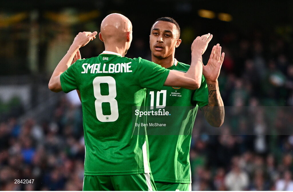 4 June 2024; Adam Idah of Republic of Ireland, right, celebrates with teammate Will Smallbone, who assisted, after scoring their side's first goal during the international friendly match between Republic of Ireland and Hungary at Aviva Stadium in Dublin. Photo by Ben McShane/Sportsfile