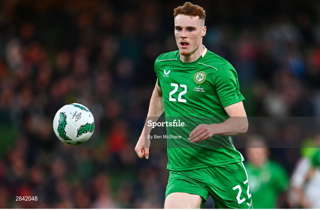 4 June 2024; Jake O'Brien of Republic of Ireland during the international friendly match between Republic of Ireland and Hungary at Aviva Stadium in Dublin. Photo by Ben McShane/Sportsfile