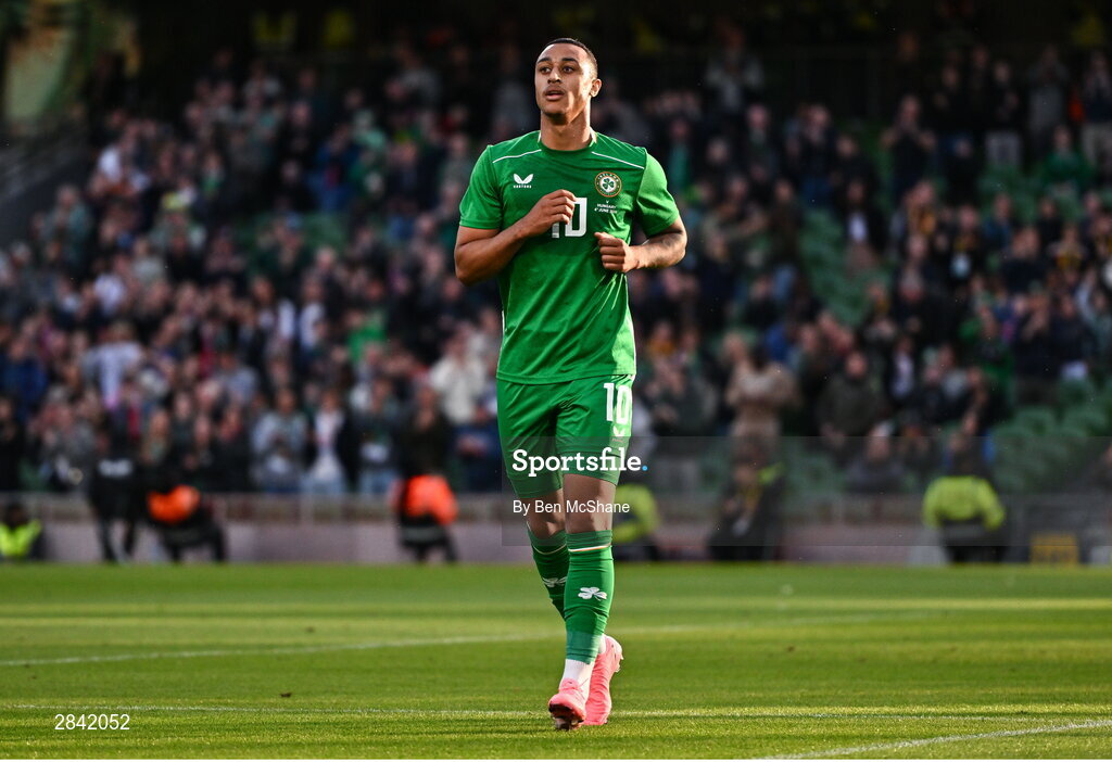 4 June 2024; Adam Idah of Republic of Ireland after scoring their side's first goal during the international friendly match between Republic of Ireland and Hungary at Aviva Stadium in Dublin. Photo by Ben McShane/Sportsfile