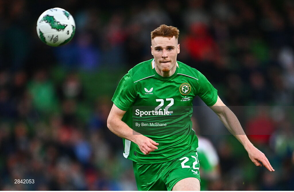 4 June 2024; Jake O'Brien of Republic of Ireland during the international friendly match between Republic of Ireland and Hungary at Aviva Stadium in Dublin. Photo by Ben McShane/Sportsfile