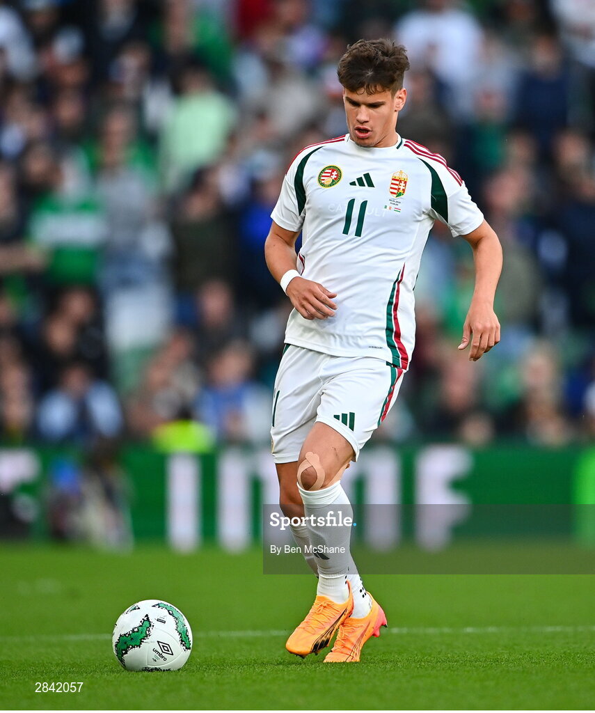 4 June 2024; Milos Kerkez of Hungary during the international friendly match between Republic of Ireland and Hungary at Aviva Stadium in Dublin. Photo by Ben McShane/Sportsfile