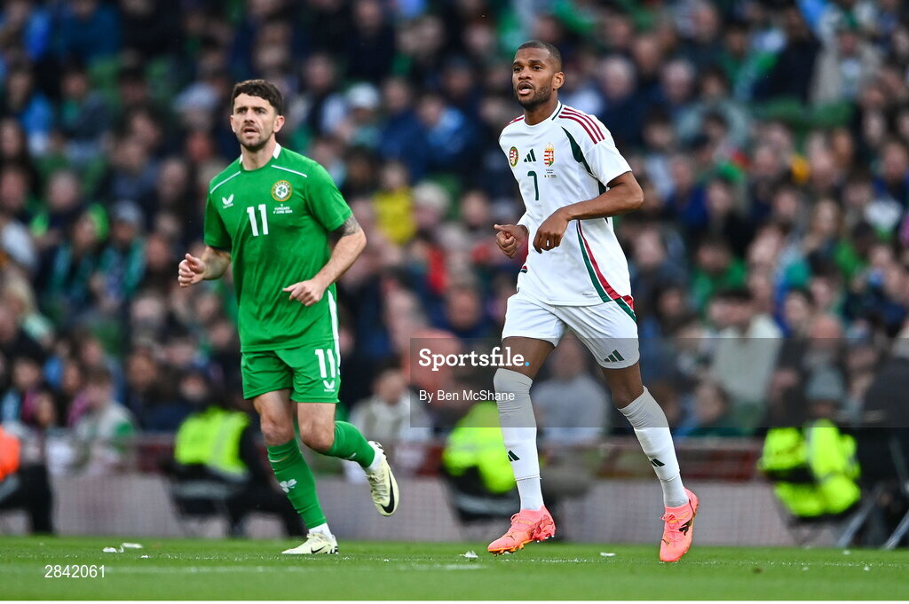 4 June 2024; Loïc Négo of Hungary and Robbie Brady of Republic of Ireland during the international friendly match between Republic of Ireland and Hungary at Aviva Stadium in Dublin. Photo by Ben McShane/Sportsfile