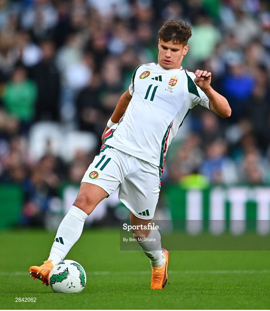 4 June 2024; Milos Kerkez of Hungary during the international friendly match between Republic of Ireland and Hungary at Aviva Stadium in Dublin. Photo by Ben McShane/Sportsfile