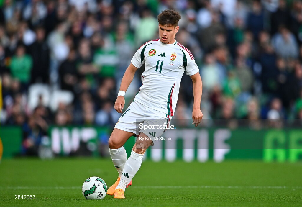 4 June 2024; Milos Kerkez of Hungary during the international friendly match between Republic of Ireland and Hungary at Aviva Stadium in Dublin. Photo by Ben McShane/Sportsfile
