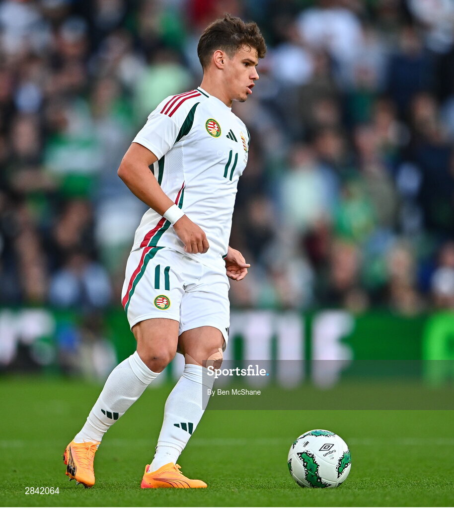 4 June 2024; Milos Kerkez of Hungary during the international friendly match between Republic of Ireland and Hungary at Aviva Stadium in Dublin. Photo by Ben McShane/Sportsfile