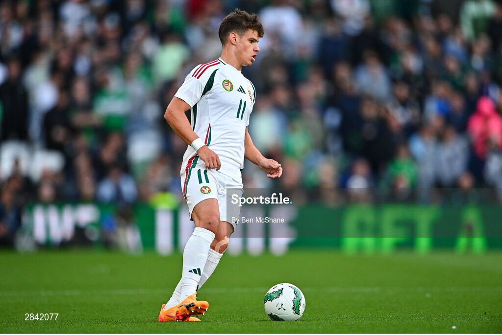 4 June 2024; Milos Kerkez of Hungary during the international friendly match between Republic of Ireland and Hungary at Aviva Stadium in Dublin. Photo by Ben McShane/Sportsfile