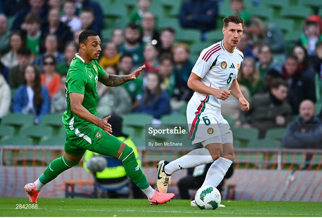 4 June 2024; Willi Orbán of Hungary and Adam Idah of Republic of Ireland during the international friendly match between Republic of Ireland and Hungary at Aviva Stadium in Dublin. Photo by Ben McShane/Sportsfile