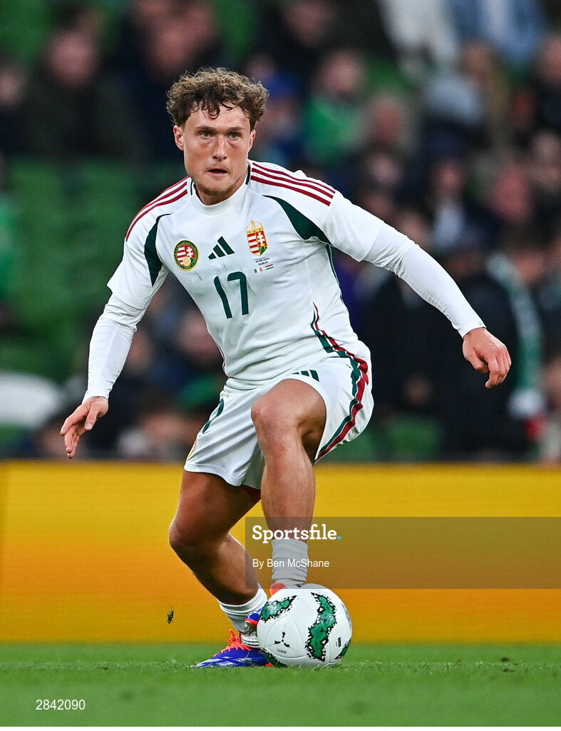 4 June 2024; Callum Styles of Hungary during the international friendly match between Republic of Ireland and Hungary at Aviva Stadium in Dublin. Photo by Ben McShane/Sportsfile