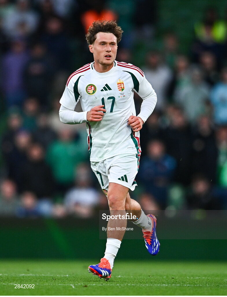 4 June 2024; Callum Styles of Hungary during the international friendly match between Republic of Ireland and Hungary at Aviva Stadium in Dublin. Photo by Ben McShane/Sportsfile