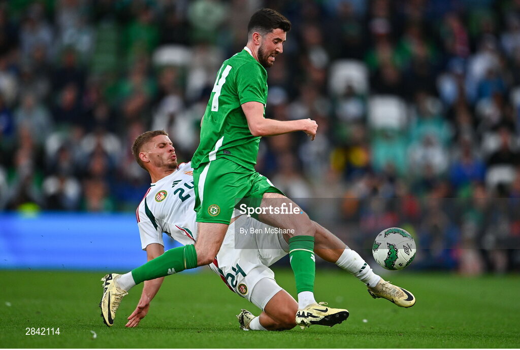4 June 2024; Finn Azaz of Republic of Ireland and Márton Dárdai of Hungary during the international friendly match between Republic of Ireland and Hungary at Aviva Stadium in Dublin. Photo by Ben McShane/Sportsfile