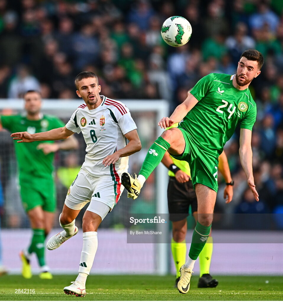4 June 2024; Finn Azaz of Republic of Ireland and Ádám Nagy of Hungary during the international friendly match between Republic of Ireland and Hungary at Aviva Stadium in Dublin. Photo by Ben McShane/Sportsfile