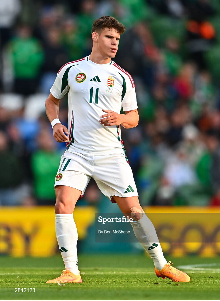 4 June 2024; Milos Kerkez of Hungary during the international friendly match between Republic of Ireland and Hungary at Aviva Stadium in Dublin. Photo by Ben McShane/Sportsfile