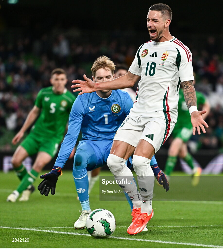 4 June 2024; Zsolt Nagy of Hungary reacts during the international friendly match between Republic of Ireland and Hungary at Aviva Stadium in Dublin. Photo by Ben McShane/Sportsfile