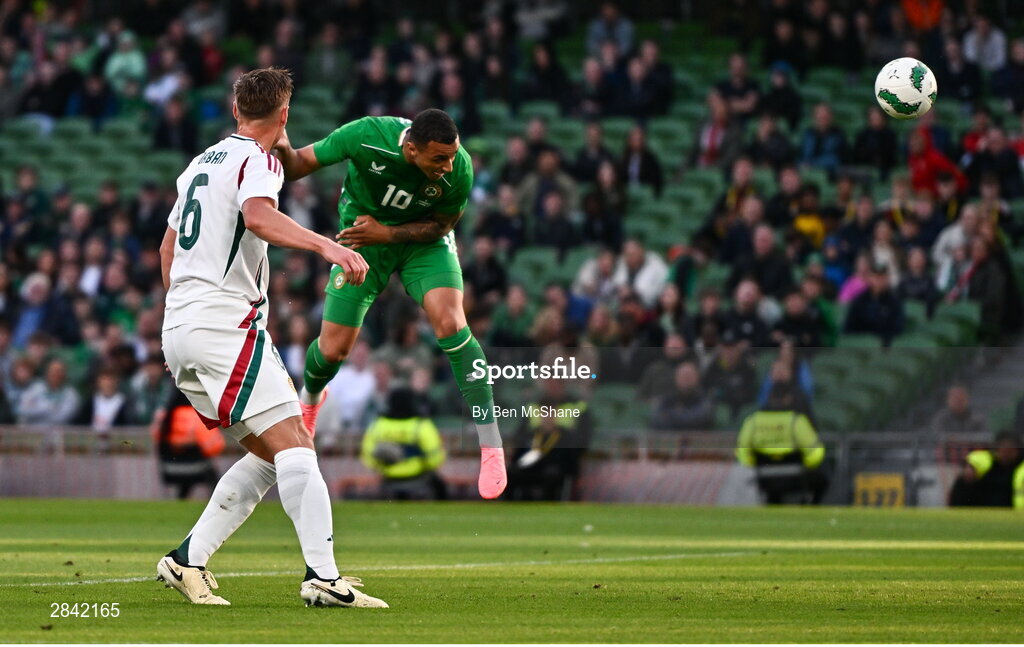 4 June 2024; Adam Idah of Republic of Ireland scores his side's first goal during the international friendly match between Republic of Ireland and Hungary at Aviva Stadium in Dublin. Photo by Ben McShane/Sportsfile