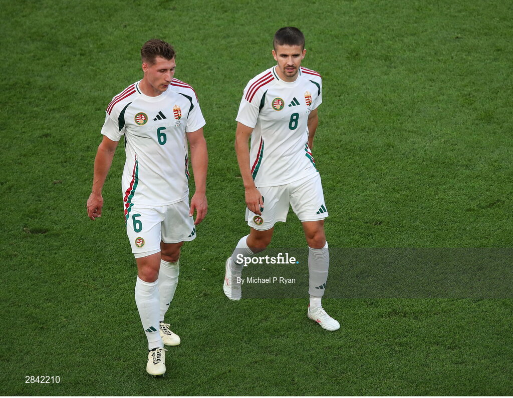 4 June 2024; Willi Orbán, left, and Ádám Nagy of Hungary during the international friendly match between Republic of Ireland and Hungary at Aviva Stadium in Dublin. Photo by Michael P Ryan/Sportsfile