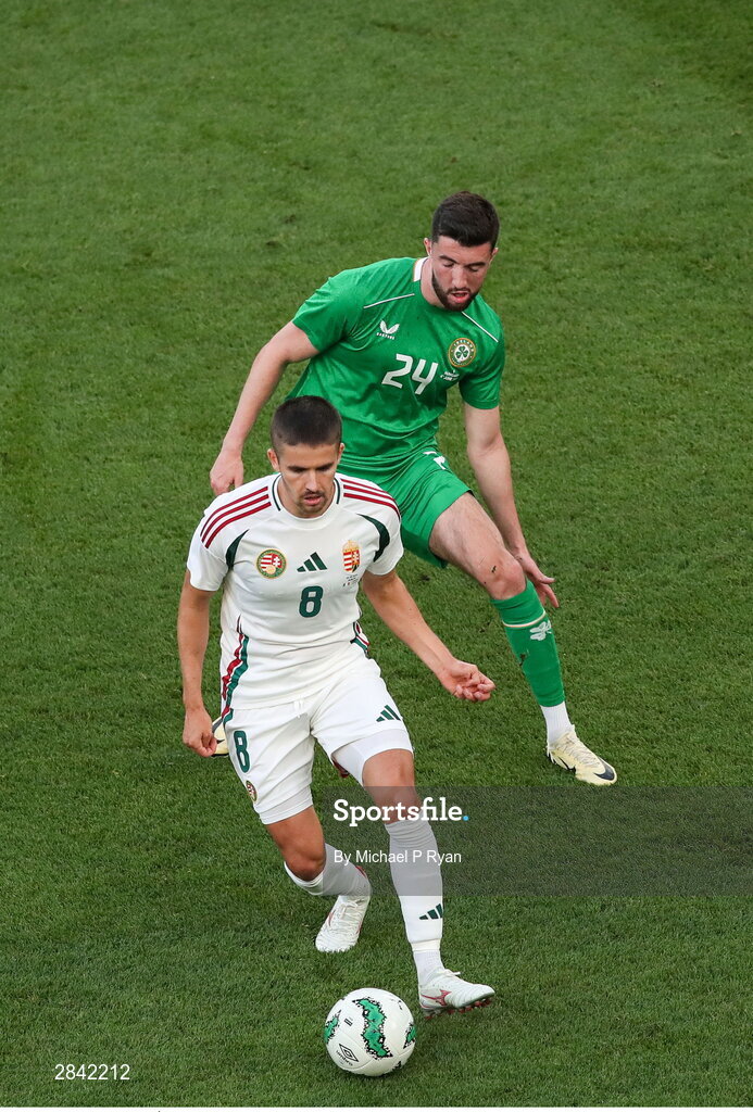 4 June 2024; Ádám Nagy of Hungary in action against Finn Azaz of Republic of Ireland during the international friendly match between Republic of Ireland and Hungary at Aviva Stadium in Dublin. Photo by Michael P Ryan/Sportsfile