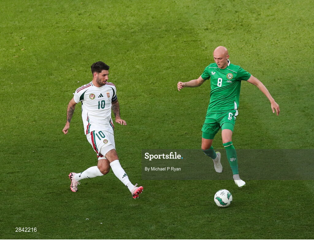 4 June 2024; Will Smallbone of Republic of Ireland in action against Dominik Szoboszlai of Hungary during the international friendly match between Republic of Ireland and Hungary at Aviva Stadium in Dublin. Photo by Michael P Ryan/Sportsfile