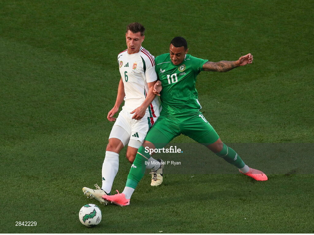 4 June 2024; Adam Idah of Republic of Ireland in action against Willi Orbán of Hungary during the international friendly match between Republic of Ireland and Hungary at Aviva Stadium in Dublin. Photo by Michael P Ryan/Sportsfile