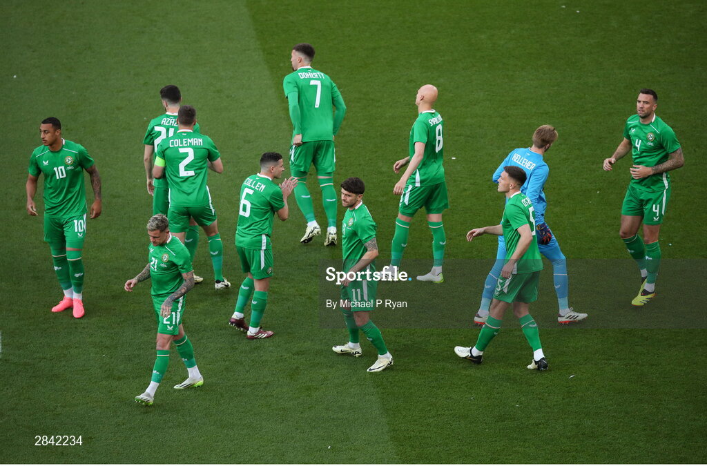 4 June 2024; Republic of Ireland players before the international friendly match between Republic of Ireland and Hungary at Aviva Stadium in Dublin. Photo by Michael P Ryan/Sportsfile