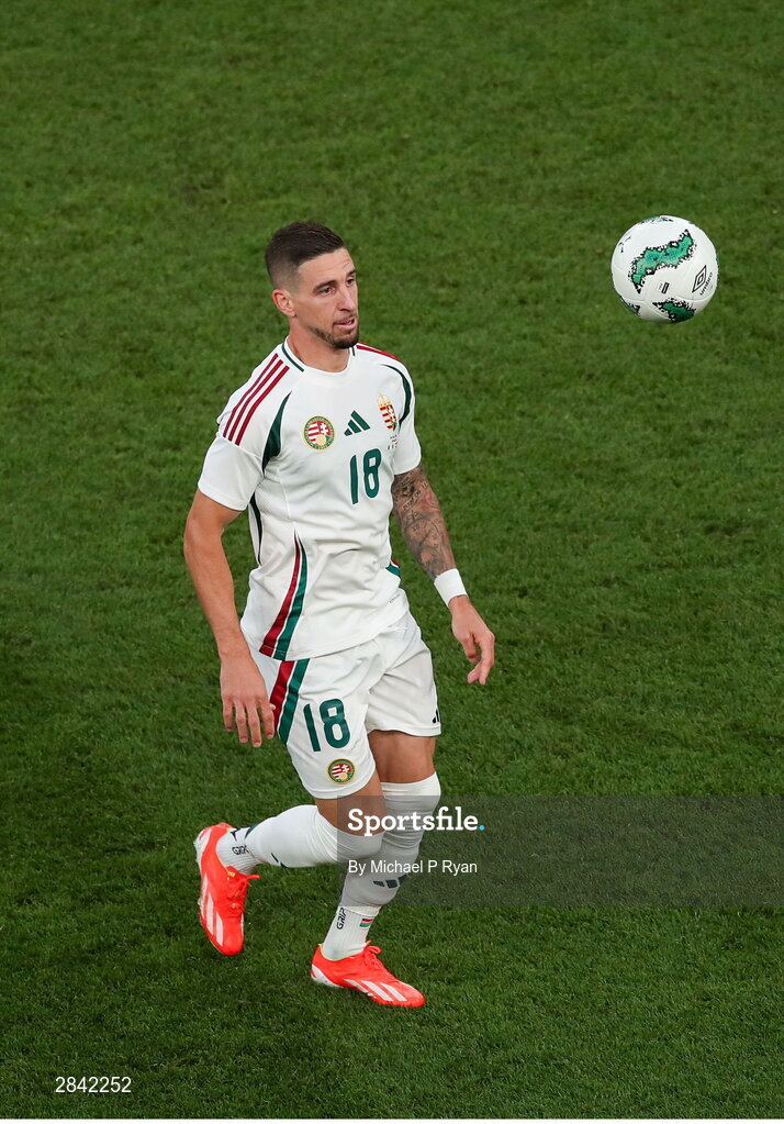 4 June 2024; Zsolt Nagy of Hungary during the international friendly match between Republic of Ireland and Hungary at Aviva Stadium in Dublin. Photo by Michael P Ryan/Sportsfile