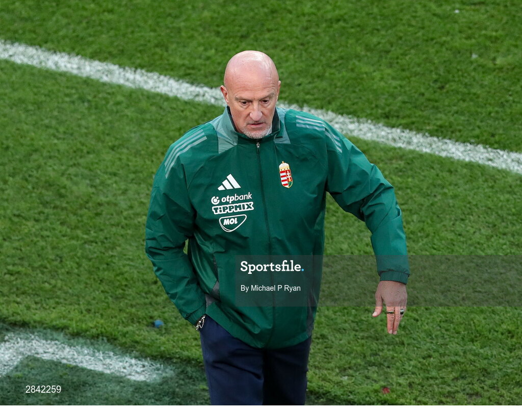 4 June 2024; Hungary manager Marco Rossi during the international friendly match between Republic of Ireland and Hungary at Aviva Stadium in Dublin. Photo by Michael P Ryan/Sportsfile