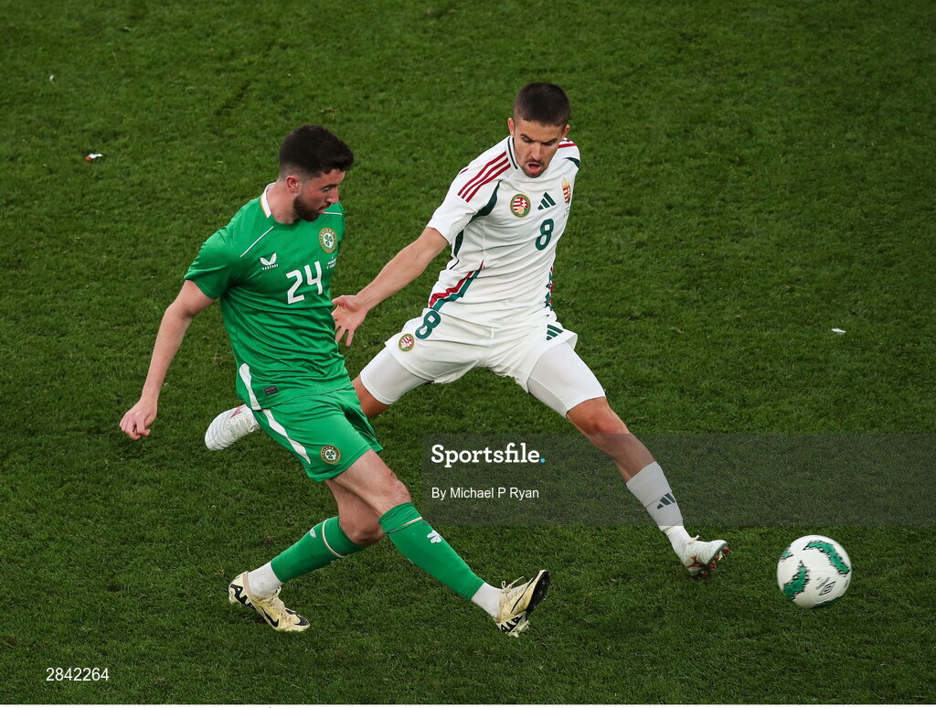 4 June 2024; Finn Azaz of Republic of Ireland in action against Ádám Nagy of Hungary during the international friendly match between Republic of Ireland and Hungary at Aviva Stadium in Dublin. Photo by Michael P Ryan/Sportsfile