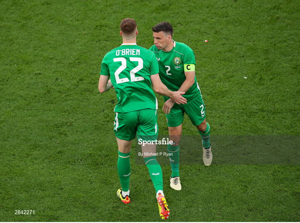 4 June 2024; Jake O'Brien of Republic of Ireland comes onto the pitch during a second half substitution during the international friendly match between Republic of Ireland and Hungary at Aviva Stadium in Dublin. Photo by Michael P Ryan/Sportsfile