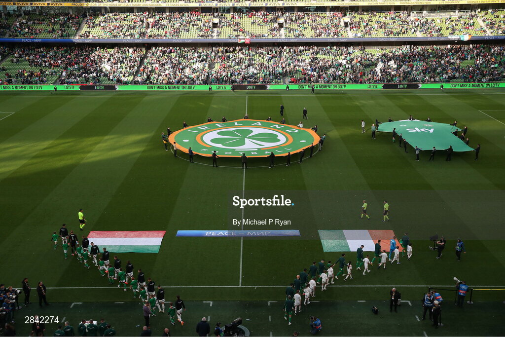4 June 2024; Teams make their way out for the start of the international friendly match between Republic of Ireland and Hungary at Aviva Stadium in Dublin. Photo by Michael P Ryan/Sportsfile