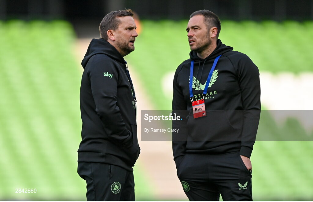 4 June 2024; Republic of Ireland coach Pete Shuttleworth, left, and  analyst Stephen Rice before the international friendly match between Republic of Ireland and Hungary at Aviva Stadium in Dublin. Photo by Ramsey Cardy/Sportsfile