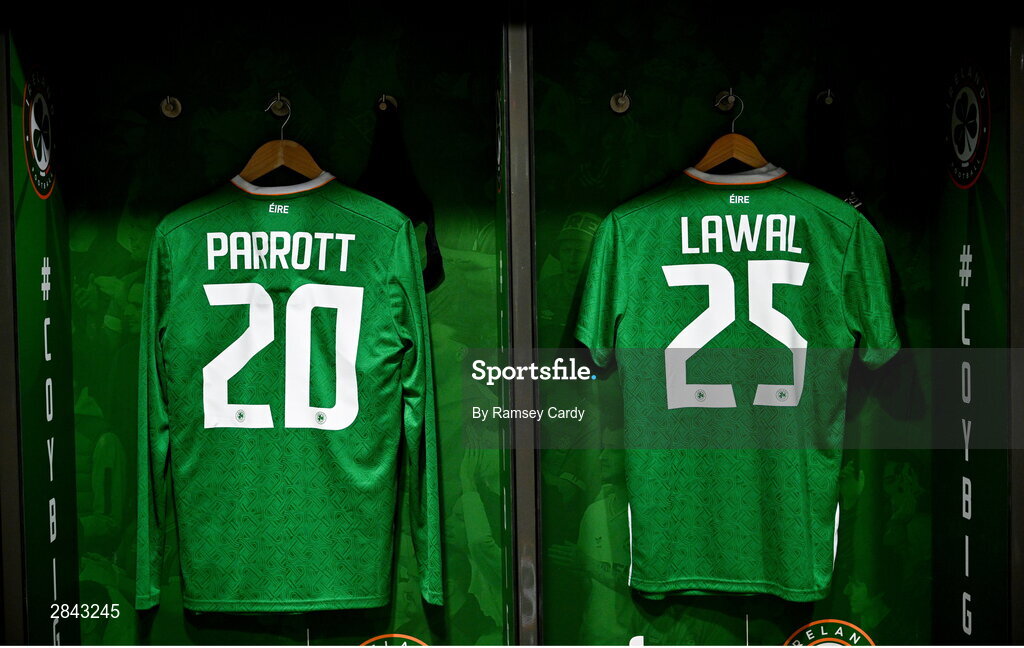4 June 2024; A general view of the jerseys of Republic of Ireland players Troy Parrott and Mohammed Lawal before the international friendly match between Republic of Ireland and Hungary at Aviva Stadium in Dublin. Photo by Ramsey Cardy/Sportsfile