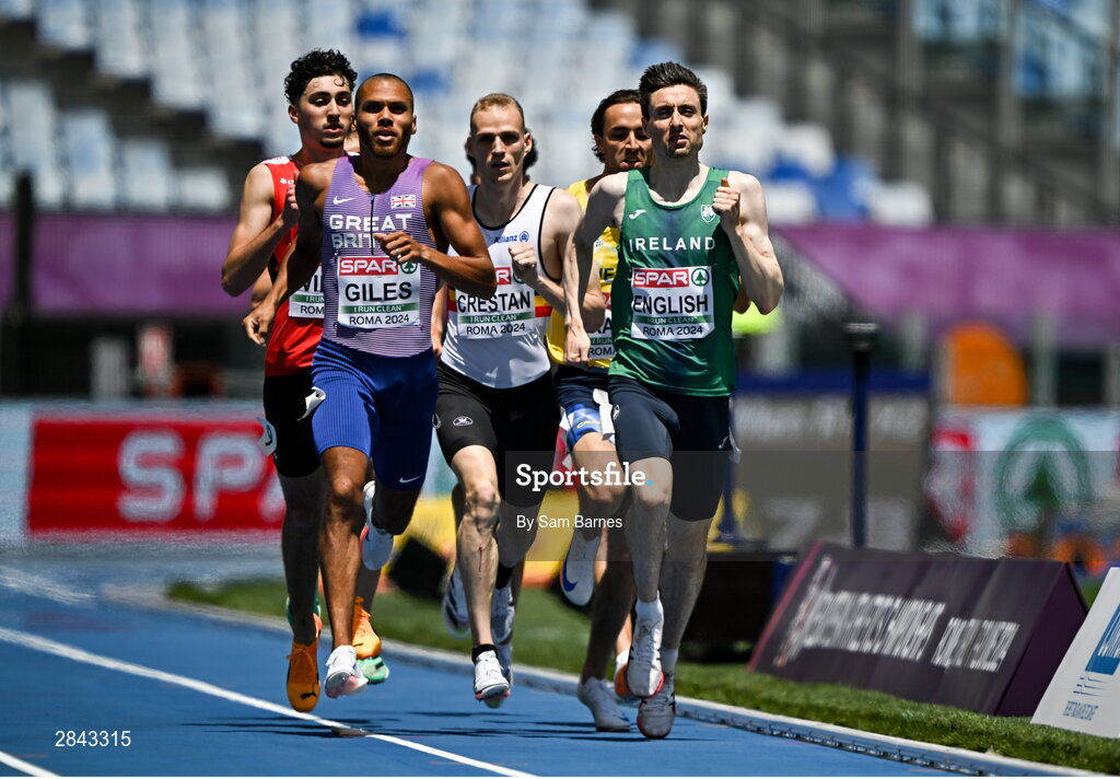 7 June 2024; Mark English of Ireland, right, and Elliot Giles of Great Britain compete in the Men's 800m heats during day one of the 2024 European Athletics Championships at the Stadio Olimpico in Rome, Italy. Photo by Sam Barnes/Sportsfile