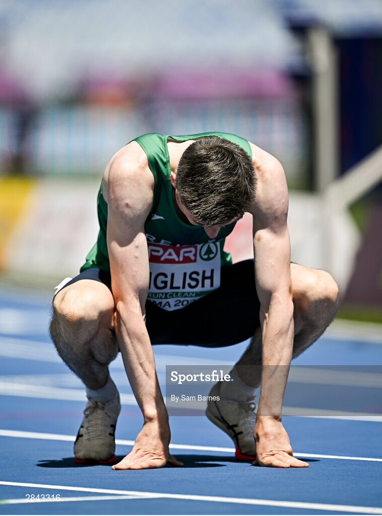 7 June 2024; Mark English of Ireland reacts after finishing fifth in the Men's 800m heats during day one of the 2024 European Athletics Championships at the Stadio Olimpico in Rome, Italy. Photo by Sam Barnes/Sportsfile