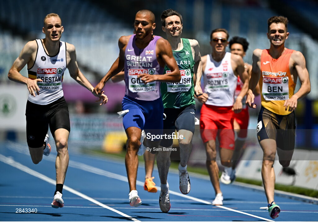 7 June 2024; Mark English of Ireland, centre, reacts on his way to finishing fifth in the Men's 800m heats during day one of the 2024 European Athletics Championships at the Stadio Olimpico in Rome, Italy. Photo by Sam Barnes/Sportsfile