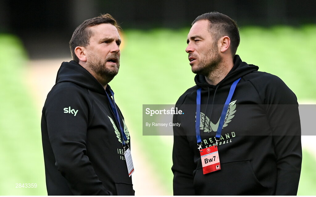 4 June 2024; Republic of Ireland coach Pete Shuttleworth, left, and analyst Stephen Rice before the international friendly match between Republic of Ireland and Hungary at Aviva Stadium in Dublin. Photo by Ramsey Cardy/Sportsfile