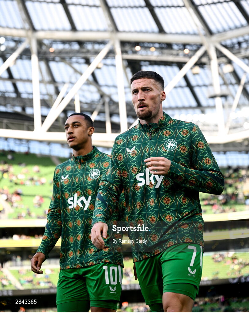 4 June 2024; Matt Doherty, right, and Adam Idah of Republic of Ireland before the international friendly match between Republic of Ireland and Hungary at Aviva Stadium in Dublin. Photo by Ramsey Cardy/Sportsfile