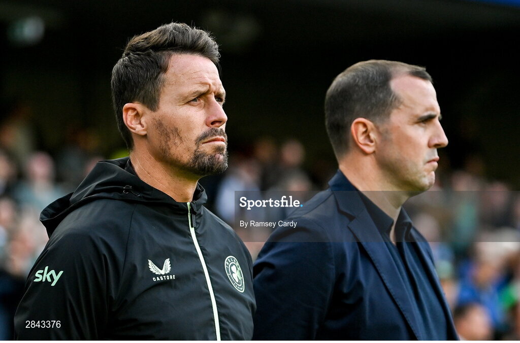 4 June 2024; Republic of Ireland assistant coach Paddy McCarthy, left, and Republic of Ireland interim head coach John O'Shea before the international friendly match between Republic of Ireland and Hungary at Aviva Stadium in Dublin. Photo by Ramsey Cardy/Sportsfile