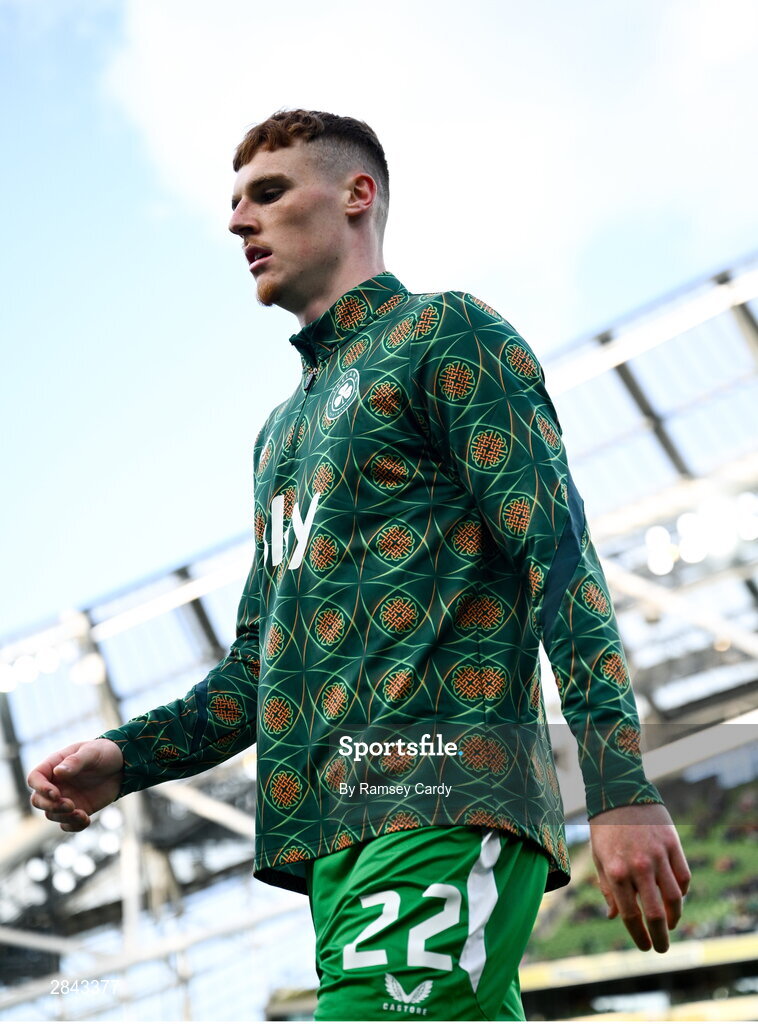 4 June 2024; Jake O'Brien of Republic of Ireland before the international friendly match between Republic of Ireland and Hungary at Aviva Stadium in Dublin. Photo by Ramsey Cardy/Sportsfile