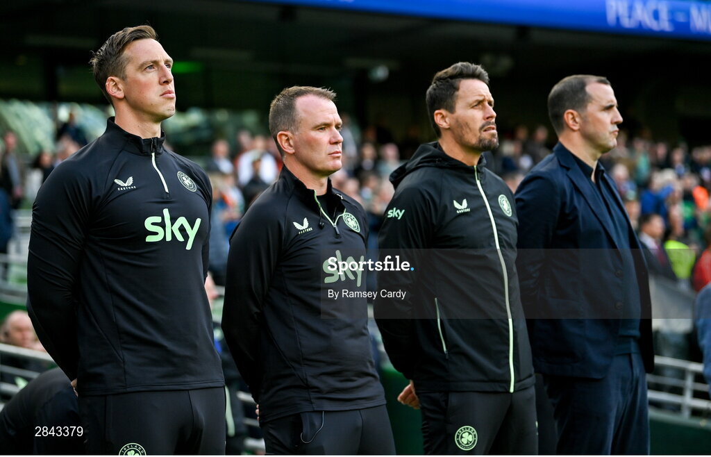 4 June 2024; Republic of Ireland staff, from left, Republic of Ireland goalkeeping coach Rene Gilmartin, Republic of Ireland assistant coach Glenn Whelan, Assistant coach Paddy McCarthy and Republic of Ireland interim head coach John O'Shea before the international friendly match between Republic of Ireland and Hungary at Aviva Stadium in Dublin. Photo by Ramsey Cardy/Sportsfile