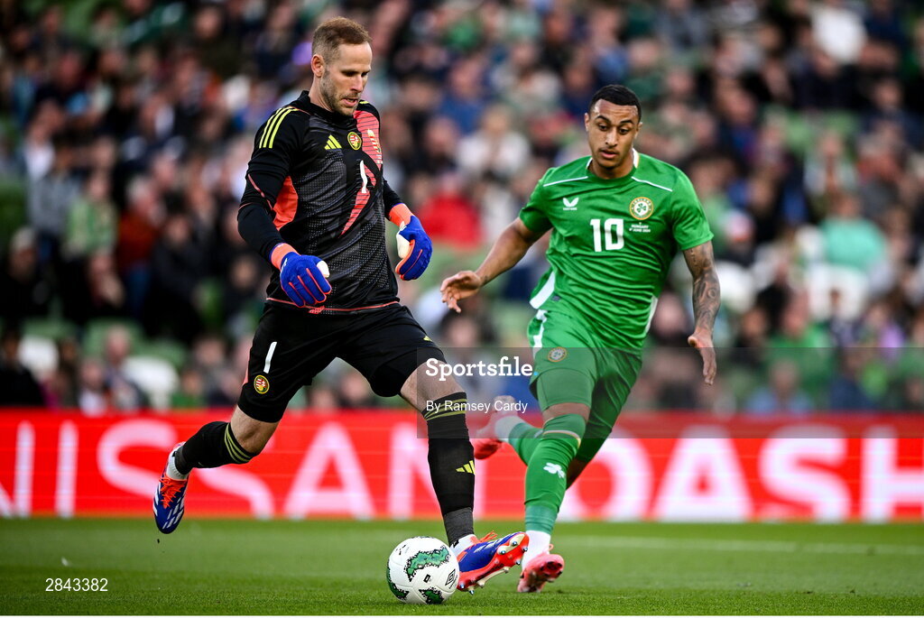 4 June 2024; Hungary goalkeeper Péter Gulácsi during the international friendly match between Republic of Ireland and Hungary at Aviva Stadium in Dublin. Photo by Ramsey Cardy/Sportsfile