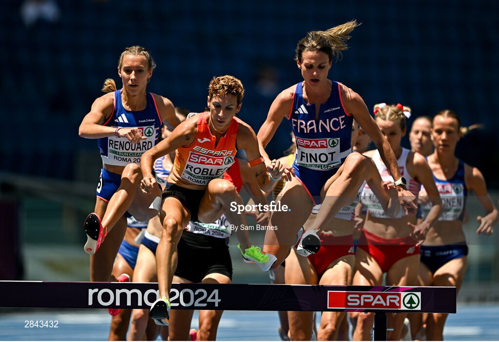 7 June 2024; Competitors, from left, Flavie Renouard of France, Carolina Robles of Spain and Alice Finot of France compete in the Women's 3000m Steeplechase heat during day one of the 2024 European Athletics Championships at the Stadio Olimpico in Rome, Italy. Photo by Sam Barnes/Sportsfile