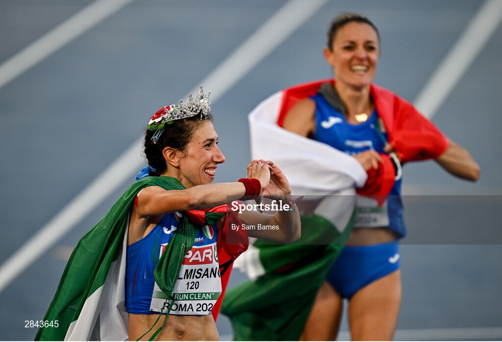 7 June 2024; Winner Antonella Palmisano, left, and second place Valentina Trapletti, both of Italy, celebrate after the Women's 20km Race Walk final during day one of the 2024 European Athletics Championships at the Stadio Olimpico in Rome, Italy. Photo by Sam Barnes/Sportsfile