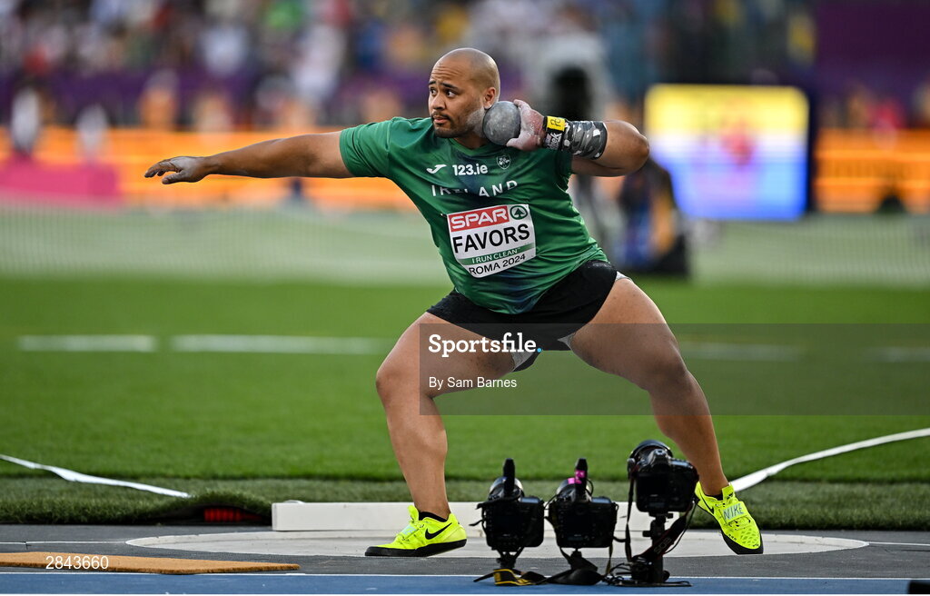 7 June 2024; Eric Favors of Ireland competes in the men's shot put qualifying during day one of the 2024 European Athletics Championships at the Stadio Olimpico in Rome, Italy. Photo by Sam Barnes/Sportsfile