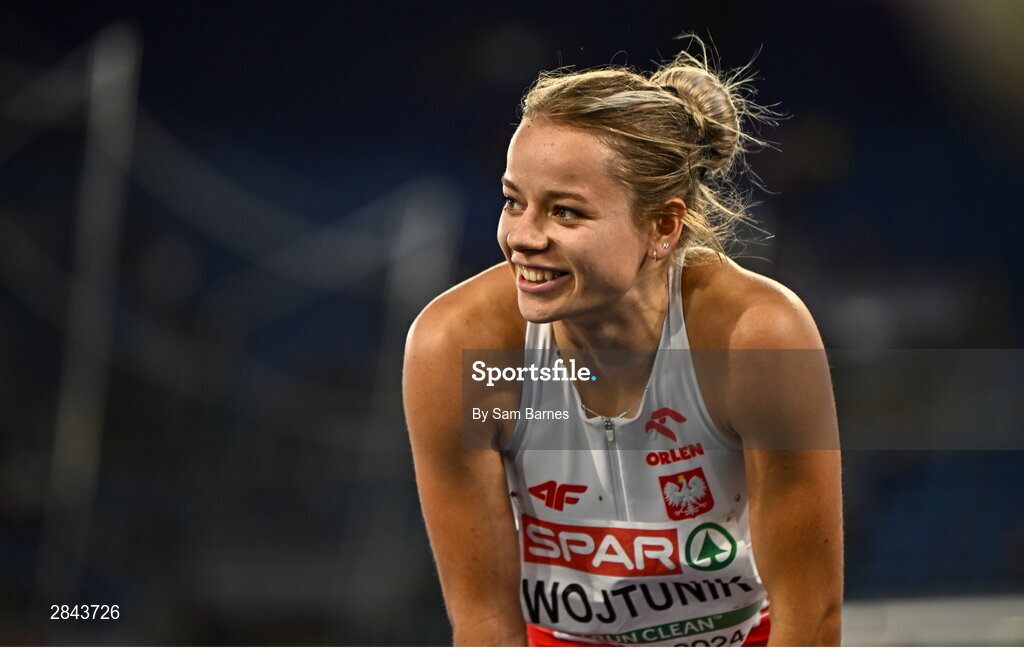 7 June 2024; Klaudia Wojtunik of Poland after a re-run of her Women's 100m Hurdles heat, on her own, during day one of the 2024 European Athletics Championships at the Stadio Olimpico in Rome, Italy. Photo by Sam Barnes/Sportsfile
