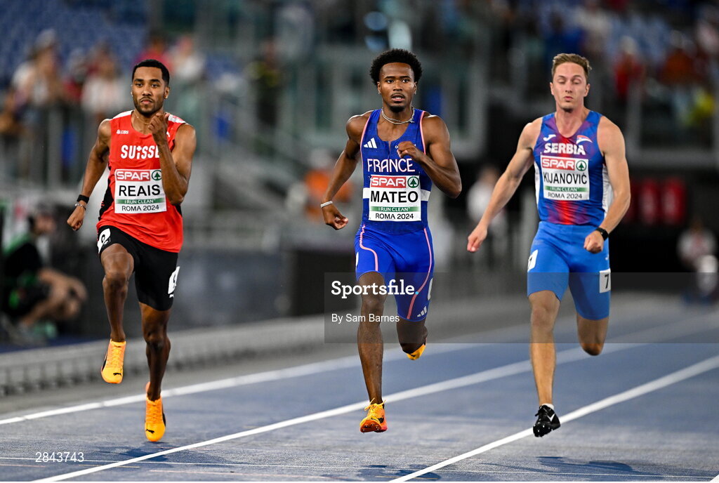 7 June 2024; Competitors, from left, William Reais of Switzerland, Pablo Mateo of France and Zdenek Stromšík of Czech Republic compete in the Men's 100m heat during day one of the 2024 European Athletics Championships at the Stadio Olimpico in Rome, Italy. Photo by Sam Barnes/Sportsfile