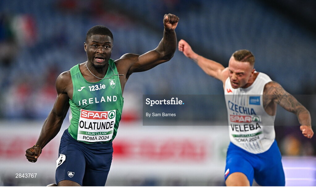 7 June 2024; Israel Olatunde of Ireland after finishing third in his men's 100m heat during day one of the 2024 European Athletics Championships at the Stadio Olimpico in Rome, Italy. Photo by Sam Barnes/Sportsfile
