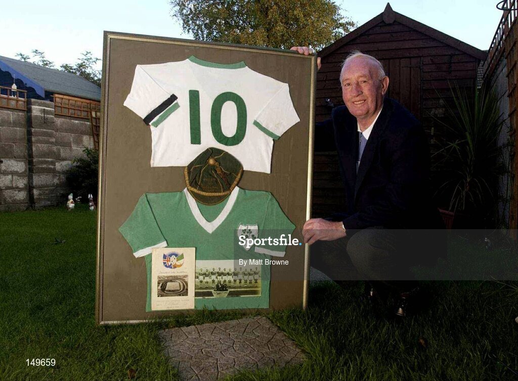 23 October 2003; Former St. Patrick's Athletic and Irish "B" International Paddy O'Rourke pictured with his jersey's from the games against Iceland and South Africa in 1958; Matt Browne / SPORTSFILE *EDI*